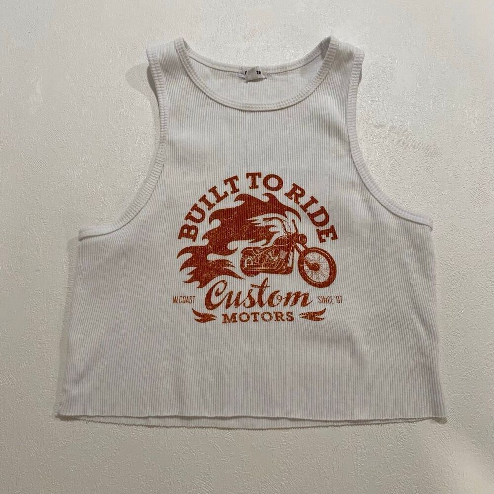 Garage Built To Ride Moto Graphic Ribbed Crop Tank Top White Size S